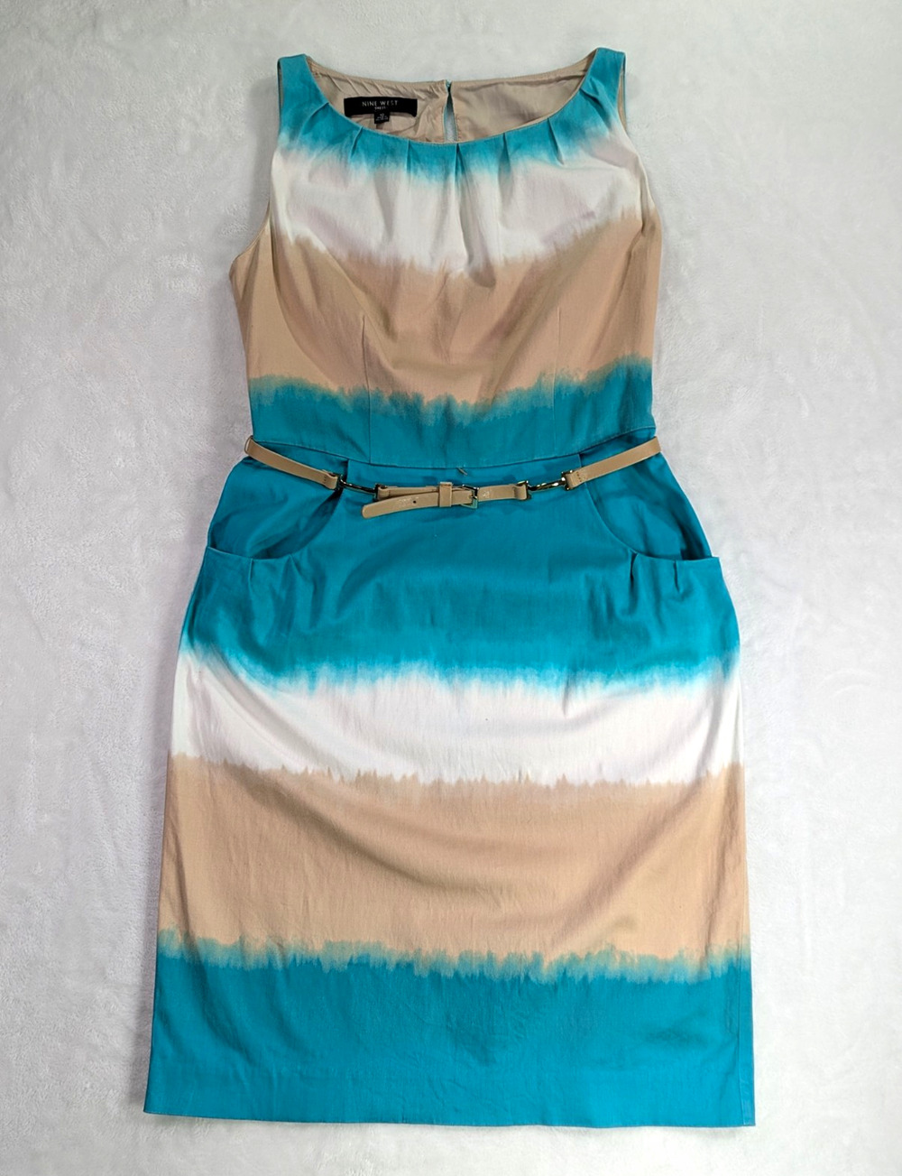 Nine West Watercolor Ombre Sheath Dress Belted w/ Pockets Turquoise Tan 10